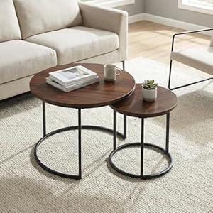 Round Nesting Coffee Table Set of 2, Modern Marble Pattern Wooden Nesting Tables, Stacking Minimalist End Table for Living Room Bedroom Small Space, Wood Brown and Black