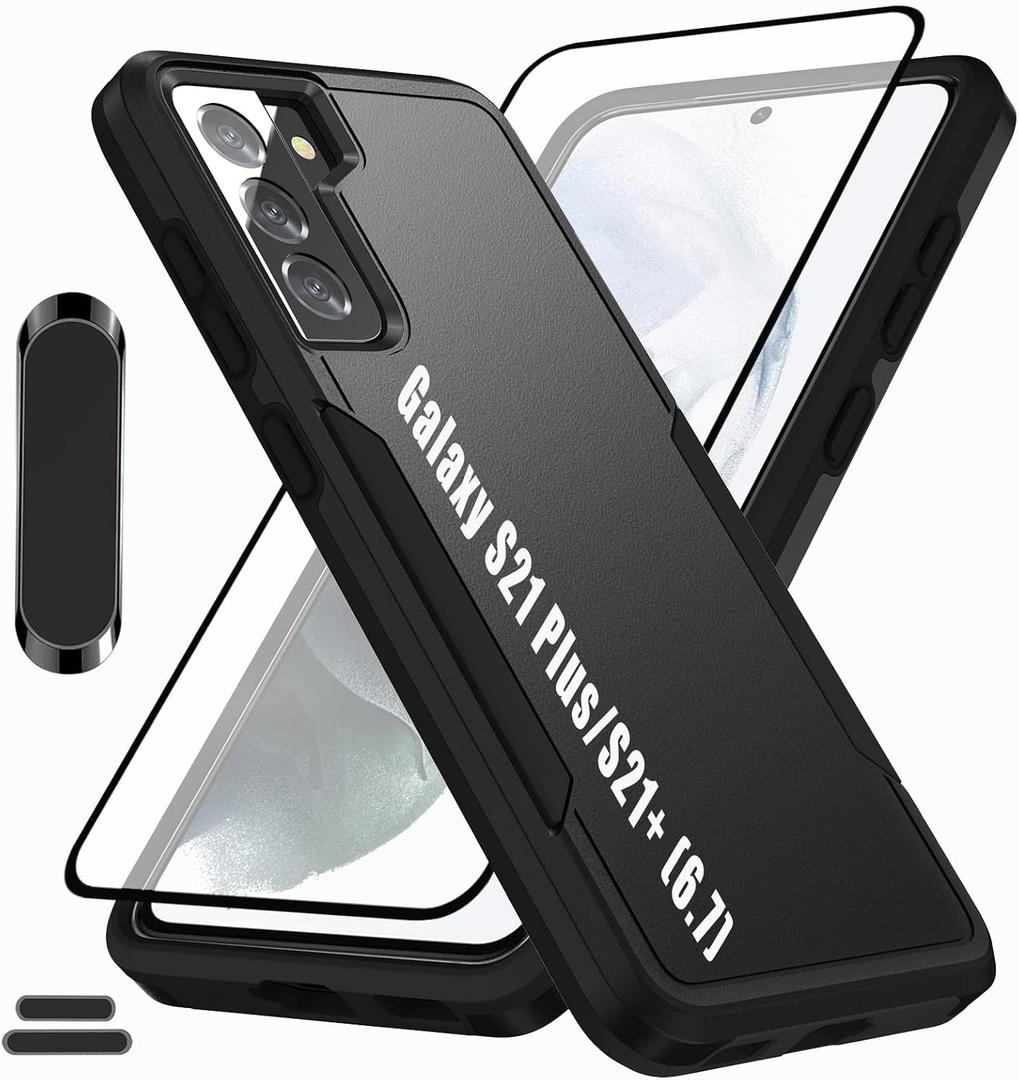 for Galaxy S21 Plus/S21+ 6.7 Inch Double Layer Hybrid Military Grade Rugged Shock Resistant Drop Case with 1 PCS Magnetic Car Mount and 1 PCS HD Tempered Glass Screen Protector (Black)