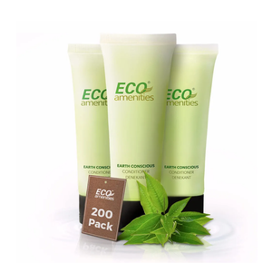 ECO AMENITIES Travel Size Conditioner - 200 PACK, 30mL, 1 oz Hotel Conditioner Bulk Supplies for Guests - Green Tea Scent Eco Conditioner, Mini Conditioner with Flip Cap, Clear Container