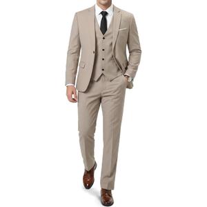 EastSide Men's Slim Fit 3 Pieces Suit, One Button Blazer Set, Jacket Vest & Pants (Beige, XS)