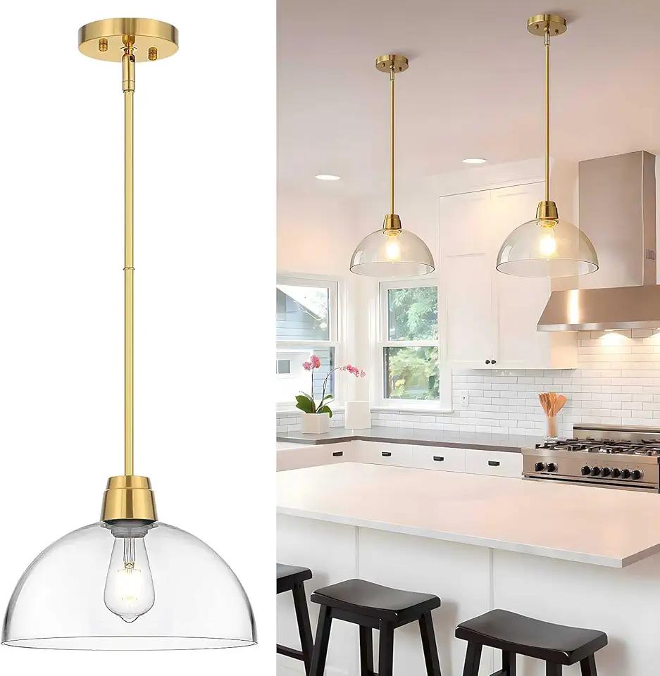Modern Glass Pendant Light,12 Inch Dome Gold Pendant Lights Fixture with Clear Glass Shade, Blown Glass Ceiling Hanging Lighting for Kitchen Island Dining Room Bathroom Bar Restaurant