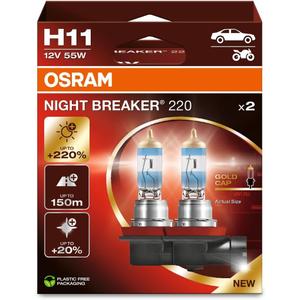 OSRAM NIGHT BREAKER 220, H11, 220% Brighter Halogen Headlight Lamp, 64211NB220-2HB, Folding Box (2 Lamps)