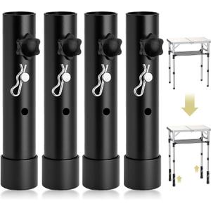 4pcs Folding Table Leg Extenders, 2 Levels Adjustable Height Rise Up to 5.3 in, Heavy Duty Steel Table Risers for Straight and Bent Legs, Reduces Stooped Work, Black