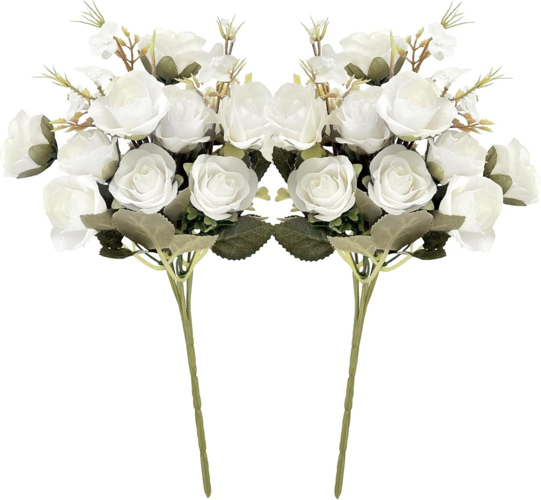 5 Stems 10 Heads Artificial Flowers Small Roses with Leaf Bouquet for Valentines Decoration Kitchen Wedding Office (2 Pcs, White)