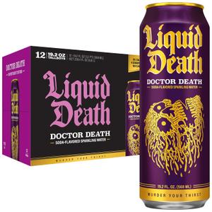 Liquid Death Soda-Flavored Sparkling Water - Doctor Death (Cherry, Cream, Spice), Less Sugar*, Huge Flavor, No Caffeine, No Artificial Sweeteners, King Size 19.2 Fl Oz (Pack of 12)
