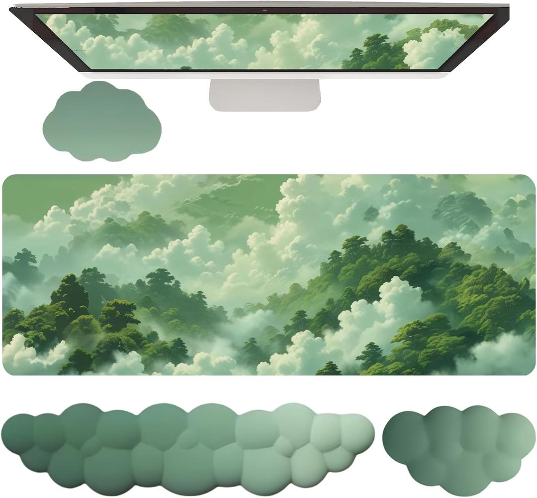 Green Cloud Mouse Pad and Keyboard Wrist Rest 4PCS Extended Forest Mountain Aesthetic Large Desk Mat Pad Set Memory Foam Non-Slip Cute Ergonomic Gaming Mouse Pad Wrist Support for Computer Home Office
