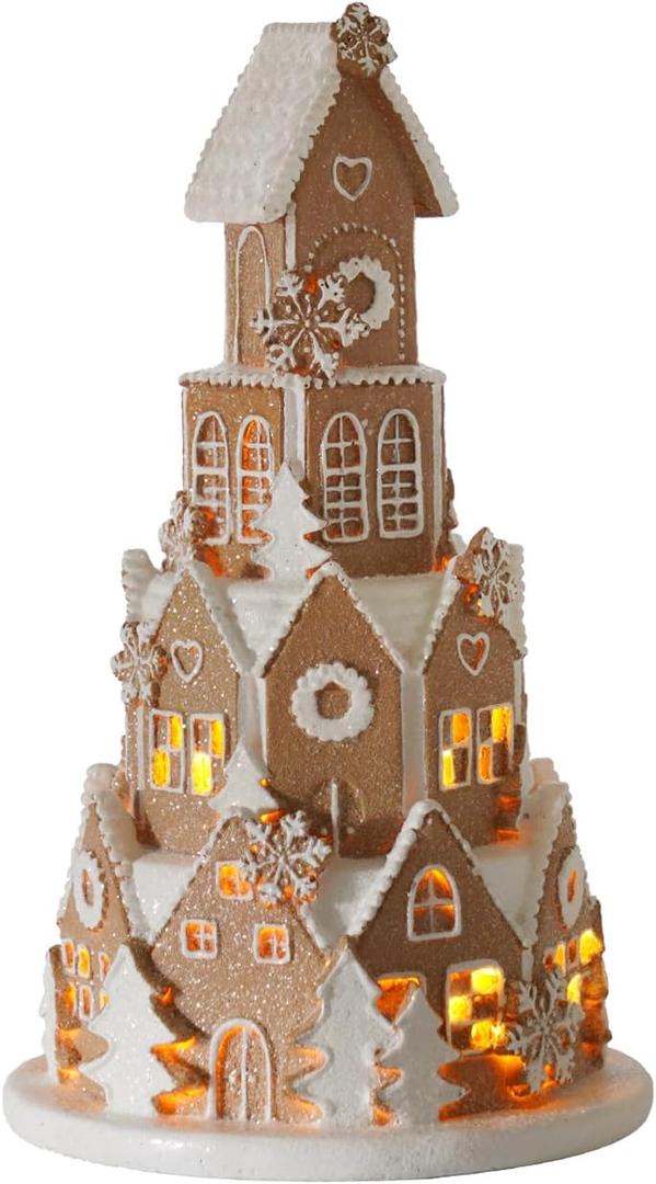Braxio Indoor Christmas Decorations Resin Gingerbread House with LED Light - Traditional Cottage & Church Village Collectible Figurines, 5.0 x 5.0 x 8.25 Inch, Gingerbread Color