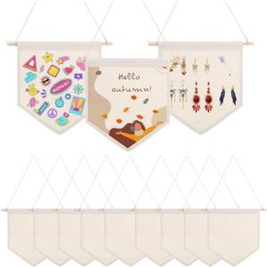 12PCS Blank Canvas Flag, Natural Canvas Banner Wall Hanging with Wooden Dowel for DIY Pin Display, Paint Decorations, Enamel Badge Collection (10.4" x 9.44")