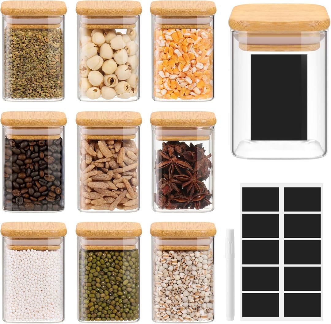 Glass Spice Jars with Bamboo Lids - 9 Oz Small Square Storage Jars with Airtight Lids Clear Pantry Food Storage Containers Glass Canister Set with Labels for Kitchen Coffee Sugar Flour(Set Of 10) Glass Spice Jars with Bamboo Lids - 9 Oz Small Square Storage Jars with Airtight Lids Clear Pantry Food Storage Containers Glass Canister Set with Labels for Kitchen Coffee Sugar Flour(Set Of 10)