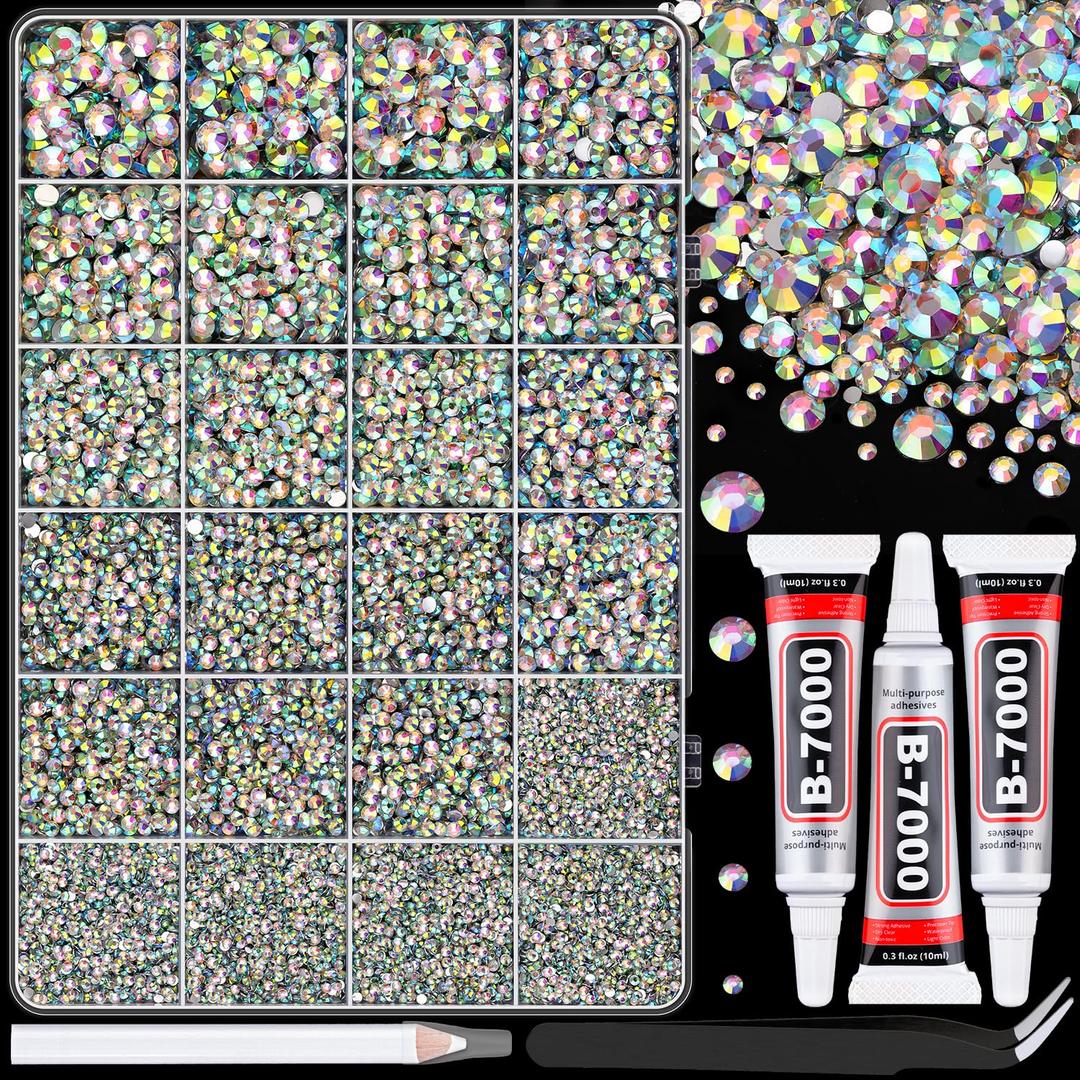 25000Pcs Resin Rhinestones with Tweezers for Bedazzling, AB 2-6mm Mixed Sizes Crystal with 3Pcs 10ml B7000 Jewelry Glue for Nail Art Makeup