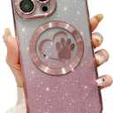 for iPhone 15 Pro Max Case Glitter Clear Paw Love Heart Compatible with MagSafe, Strong Magnetic Full Camera Lens Protection Soft Slim Thin Cute Bling Phone Case - Pink