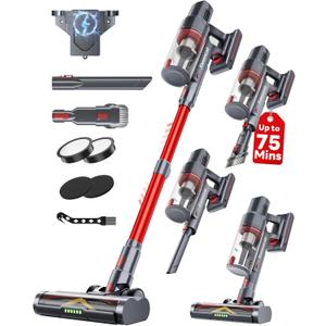 XenonLab Cordless Vacuum Cleaner, 75Mins/48KPa/580W Self-Standing Stick Vacuum Cleaners for Home, Rechargeable, Lightweight, Anti-Static&Anti-Tangle Brush, for Hard Floor, Carpet, Hardwoods, Pet Hair (Red)