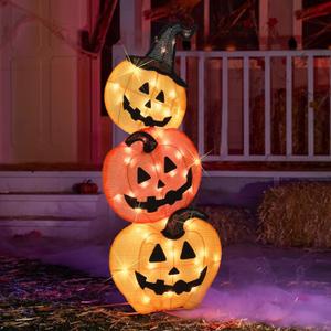 Halloween Lighted Stacked Pumpkins Decoration, Pre-Lit with 50 Warm White Lights Jack-O-Lantern Pumpkins Lights, Halloween Light Up Pumpkin for Indoor, Outdoor, Porch, Yard, 39 H