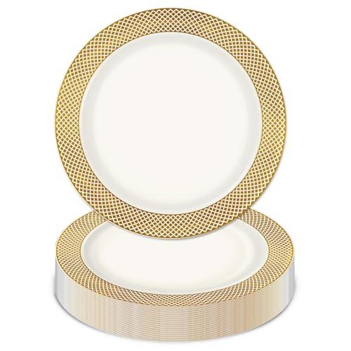 Boocikey 20 Pcs Gold Plastic Plates, 7.5 Inch Gold Dessert Plates, White and gold plastic Plates plastic Appetizer Small Cake plates with gold Grid Rim for Thanksgiving Party Anniversary Weeding