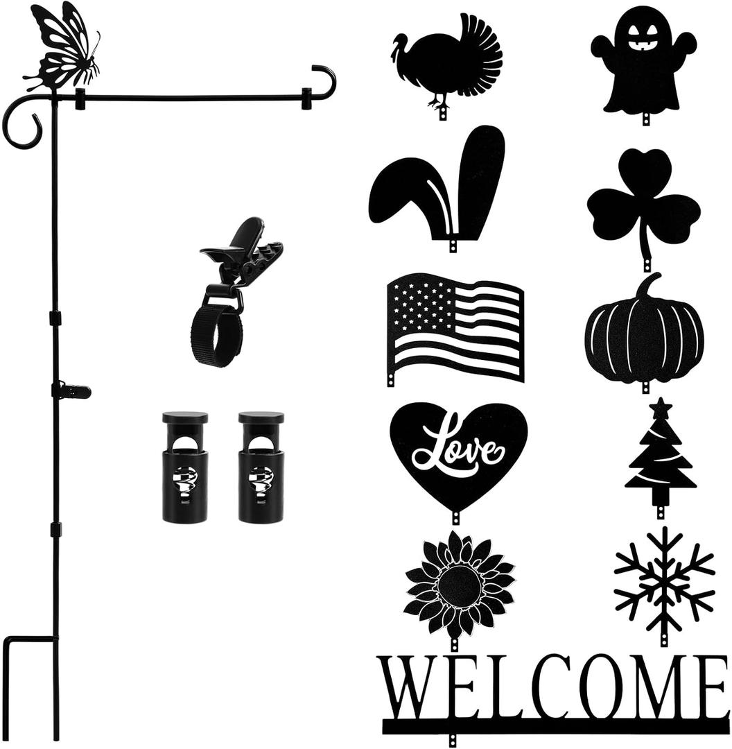 Garden Flag Stand Holder with 12 Interchangeable Seasonal Iron Decorations Yard Flag Holder Weather Proof Metal Powder Coated Flagpole with Clip Spring Stopper for Outdoor Garden Decor