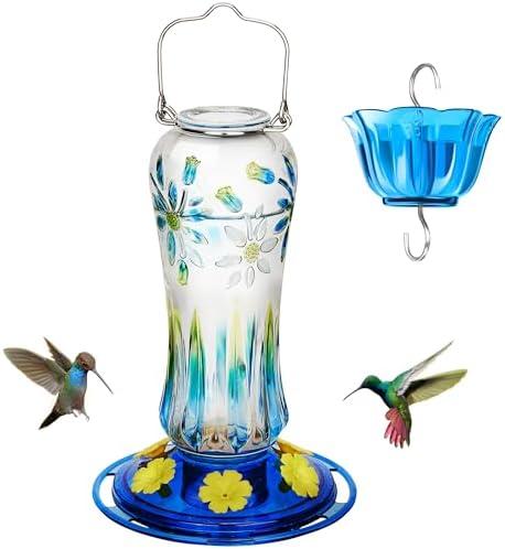 Kingsyard Hummingbird Feeder for Outdoors Hanging, 25 Ounces, Glass Humming Bird Nectar Feeder with Ant Moat & 6 Feeding Ports, Leak Proof, Blue