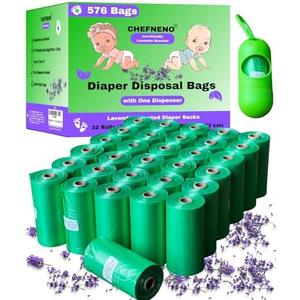 Baby Diaper Bag Disposable (576 Sacks) Biodegradable Lavender Scented 32 Refill Rolls with Dispenser Diaper Sack Disposable Dog Poop Cat Litter Poop Bags Sanitary Pad Waste Bags (Scented, 576 Bags)