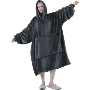 Easy-Going Oversized Flannel Wearable Blanket Hoodie for Adults, One Size Fits All (Lao_dark Gray)
