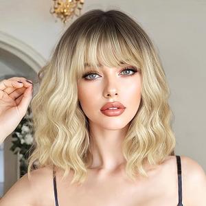 Light Blonde Wavy Wig with Bangs 16inch Bob Curly Hair Wigs for Women Realistic Shoulder Length Style Synthetic Heat Resistant Wig Suitable for Daily Wear for Beginners