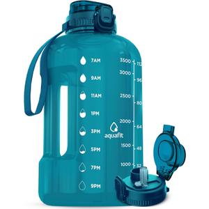 AQUAFIT 1 Gallon Water Bottle with Time Marker - Straw & Chug Lid - BPA Free Gym Water Bottle with Straw - Big Gallon Jug (Aqua, 128 oz - 2in1 Lid)