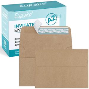 Eupako A2 Brown Paper Envelopes 100 Pack 4.375x5.75" Invitation Envelopes Self Seal for RSVP, Wedding, Thank you Notes, Greeting Cards, Photos, Announcements