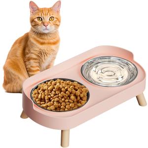 Elevated Cat Bowl, Raised Cat Food and Water Bowl Set for Indoor Cats, Splash Proof with 2 Stainless Steel Pet Food Bowls for Cats and Puppies, Whisker Fatigue and Dishwasher Safe - Pink