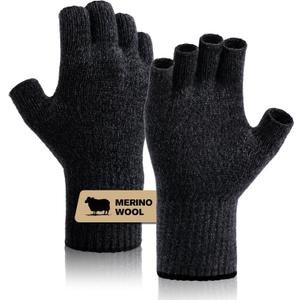 Merino Wool Fingerless Gloves for Men Women Half Finger Gloves Thermal Soft Knit Liner for Hunting Fishing Hiking (Large, Black Gray)
