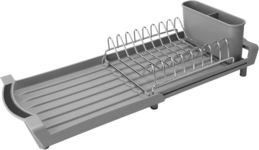 Dish Drying Rack Compact Expandable - A Space-Saving, Stainless Steel, Rust-Resistant Dish Drainer for Kitchen and Apartment Countertops/Sink Cabinets, Extendable from 11.42 to 19.9 inches (Gray) (Single)
