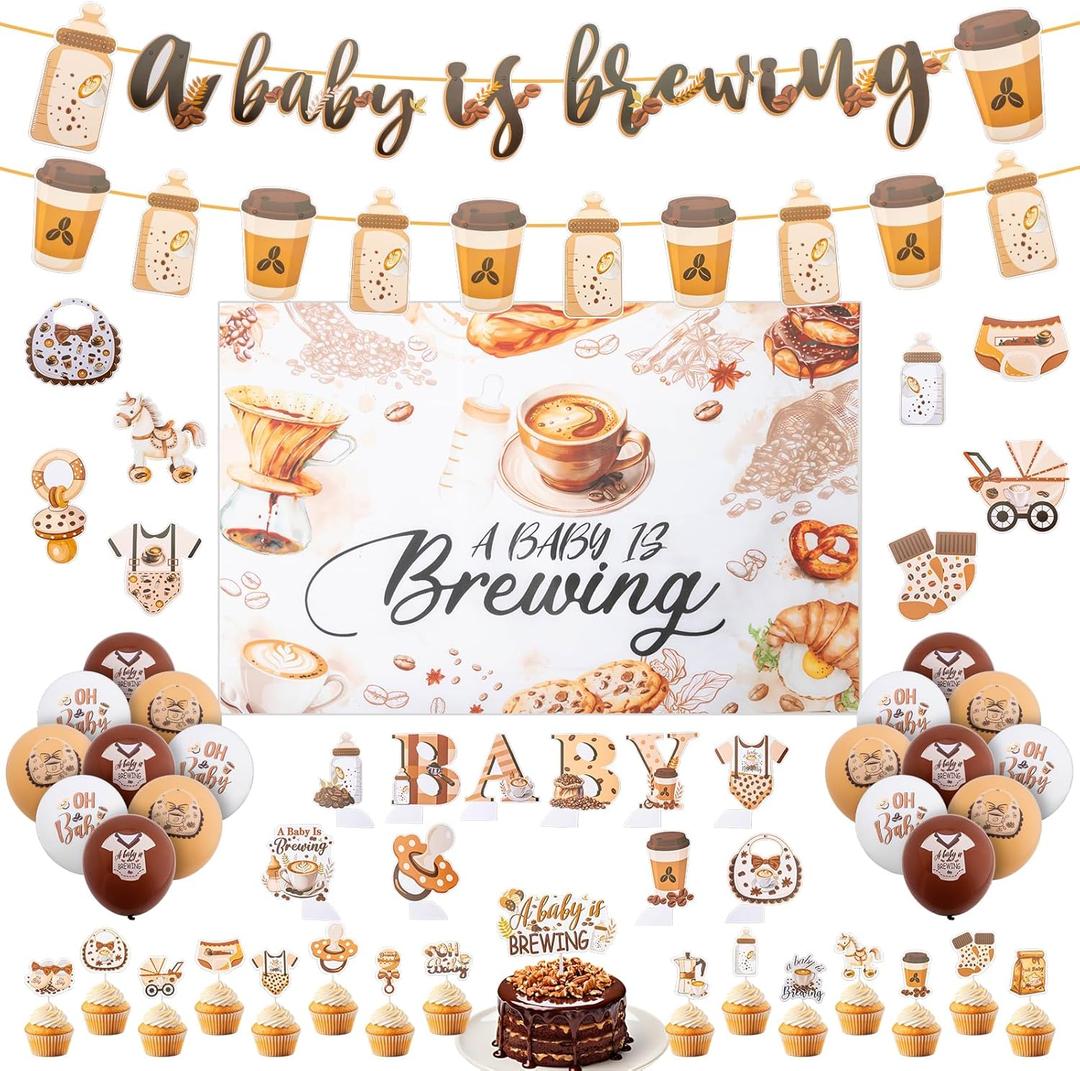 Baby is Brewing Baby Shower Decor Set, Coffee Theme Baby Shower Decorations Set, Including Party Banner, Cake Toppers, Honeycomb Centerpieces, Balloons