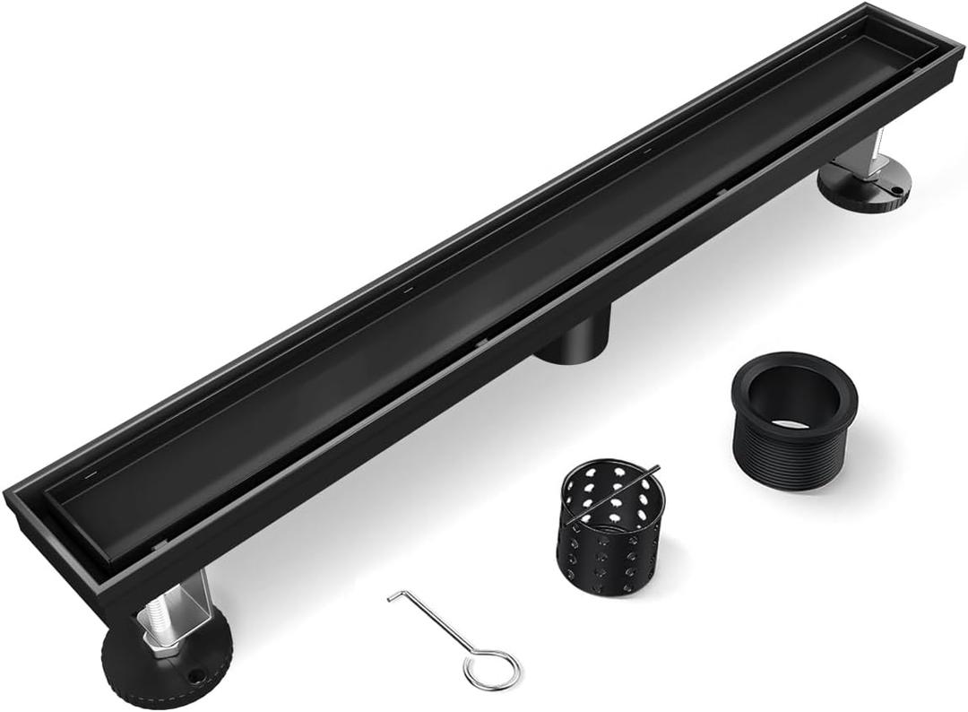 Black Shower Drain, 24 Inch Linear Shower Drain with Removable Tile Insert Grate, 2 in 1 Bathroom Modern 304 Stainless Steel Matte Black Shower Floor Drain with Adjustable Feet,Hair Strainer