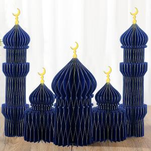 MotiMind 5 PCS Ramadan Party Decorations Ramadan 3D Honeycomb Centerpiece Eid Mubarak Centerpieces Islamic Table Decoration for Home Office Party Supplies (Blue)