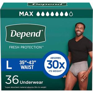 Depend Fresh Protection Adult Diapers, Incontinence Underwear for Men, Disposable, Maximum, Large, Grey, 36 Count