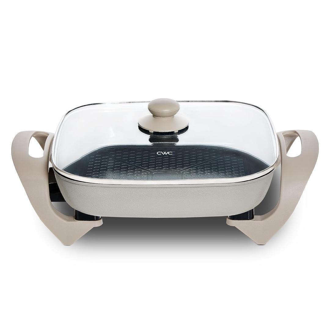 COOK WITH COLOR Electric Skillet - 12" x 12" Ceramic Nonstick Pan, PFAS-Free, 1400W, Tempered Glass Lid, Variable Temperature, Removable Heating Probe, Cool-Touch Handles, Sand (Greige)