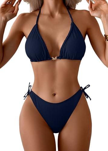 Eomenie Ribbed Bikini Sets for Women Sexy Halter Triangle Top Two Piece Bathing Suit Tie Side Swimsuit, Size L