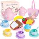 Silicone Tea Party Set for Little Girls,PRE-WORLD 27PCS Toys Toddler Tea Set with Play Food Dessert Cookies,Doughnut,Cake,Carrying Bag,Kids Kitchen Pretend Role Gifts for Girls Boys Age 3 4 5 6