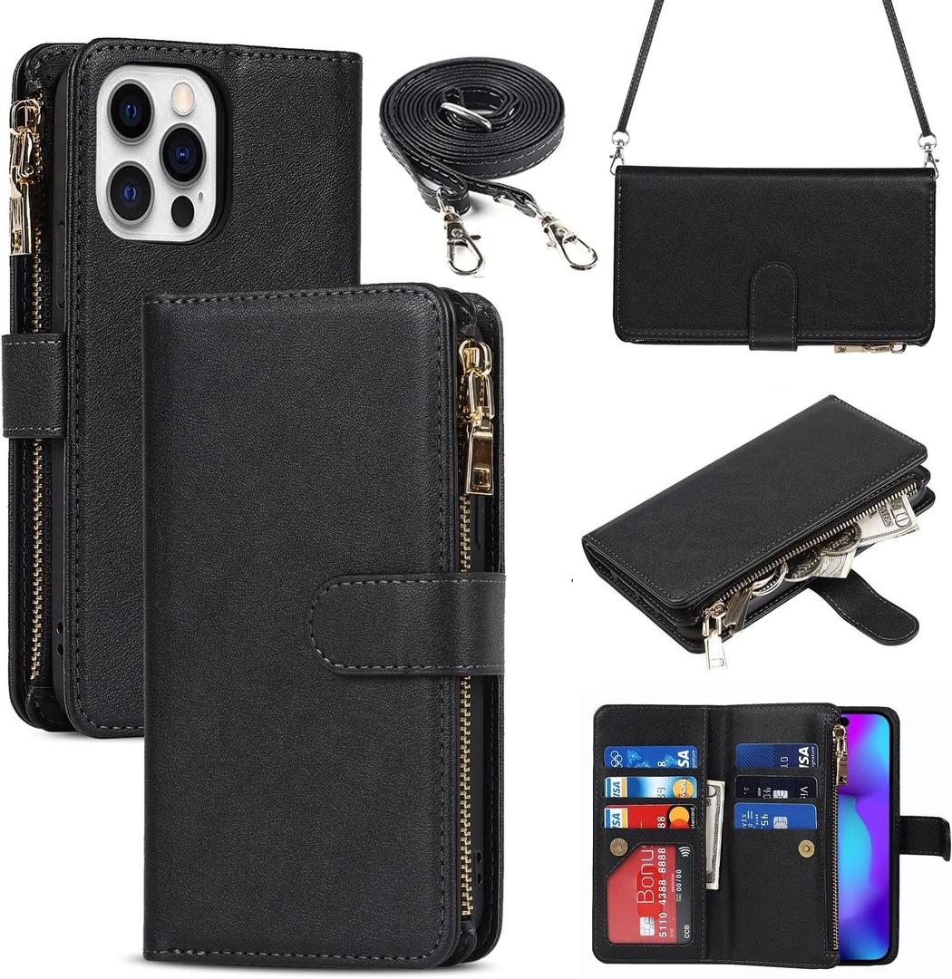 iCoverCase Compatible with iPhone 14 Pro Crossbody Case with Strap for Women, Wallet Phone Case with Card Holder, Zipper Purse PU Leather Flip Cover Case 6.1 Inch (Black) (Not Detachable (Long Strap)--Black)