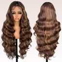 Honey Brown Lace Front Synthetic Wig For women 30 Inch Body Wave 13x4 Lace Front Ombre Brown Highlight wig Heat Resistant Transparent Pre Plucked Hairline with baby hair wig (1B/27/613)