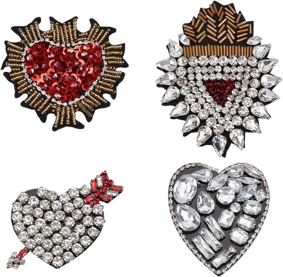 MAYJOYDIY 4 Pcs Love Heart Rhinestone Bead Patch Sew on Handmade Heart Patches Arrow Sequin Rhinestone Embroidery Applique Sparkling Heart-Shape Adornments for Jeans Jackets Handbag Shoes Decoration