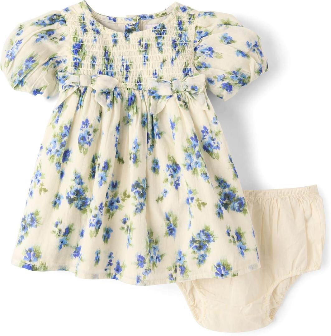 The Children's Place,Baby-Girls,and Newborn Casual Short Sleeve Dress with Diaper CoverBlue Floral,12 Months,18 Months