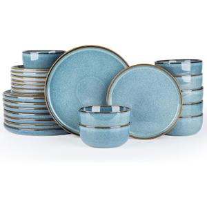 GBHOME Ceramic Dinnerware Sets for 8, 24 Pieces Stoneware Plates and Bowls Sets, Scratch Resistant Dishes, Dishwasher & Microwave Safe, Reactive Glaze-Space Blue