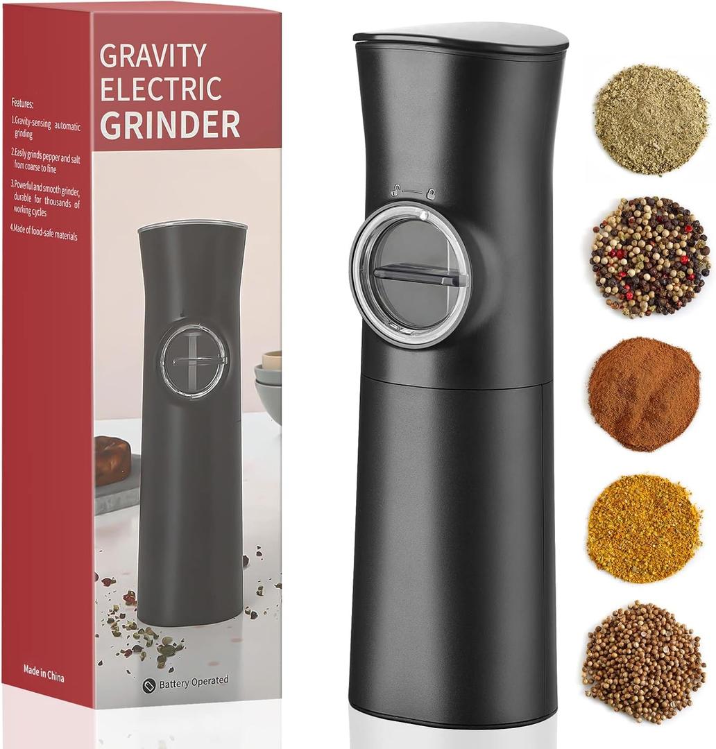 Gravity Induction Electric Pepper and Salt Grinder Black Upgrade, With LED Light, Automatic One Hand Operation, Adjustable Coarseness, Battery Powered, Suitable for Kitchen, Outdoor Barbecue