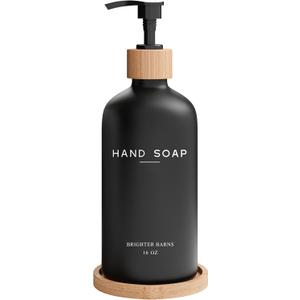 Black Glass Hand Soap Dispenser Bathroom Set by Brighter Barns - Bathroom Soap Dispenser Set with Tray - Glass Pump Bottle - Luxury Bathroom Accessories for Hotel, Vacation Rental, Restaurants (Black)
