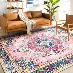 Area Rug 6x9 for Living Room Pink Boho Rug Vintage Rug Non-Slip Washable Low Pile Foldable Large Rugs for Bedroom Dining Room Indoor Floor Carpet