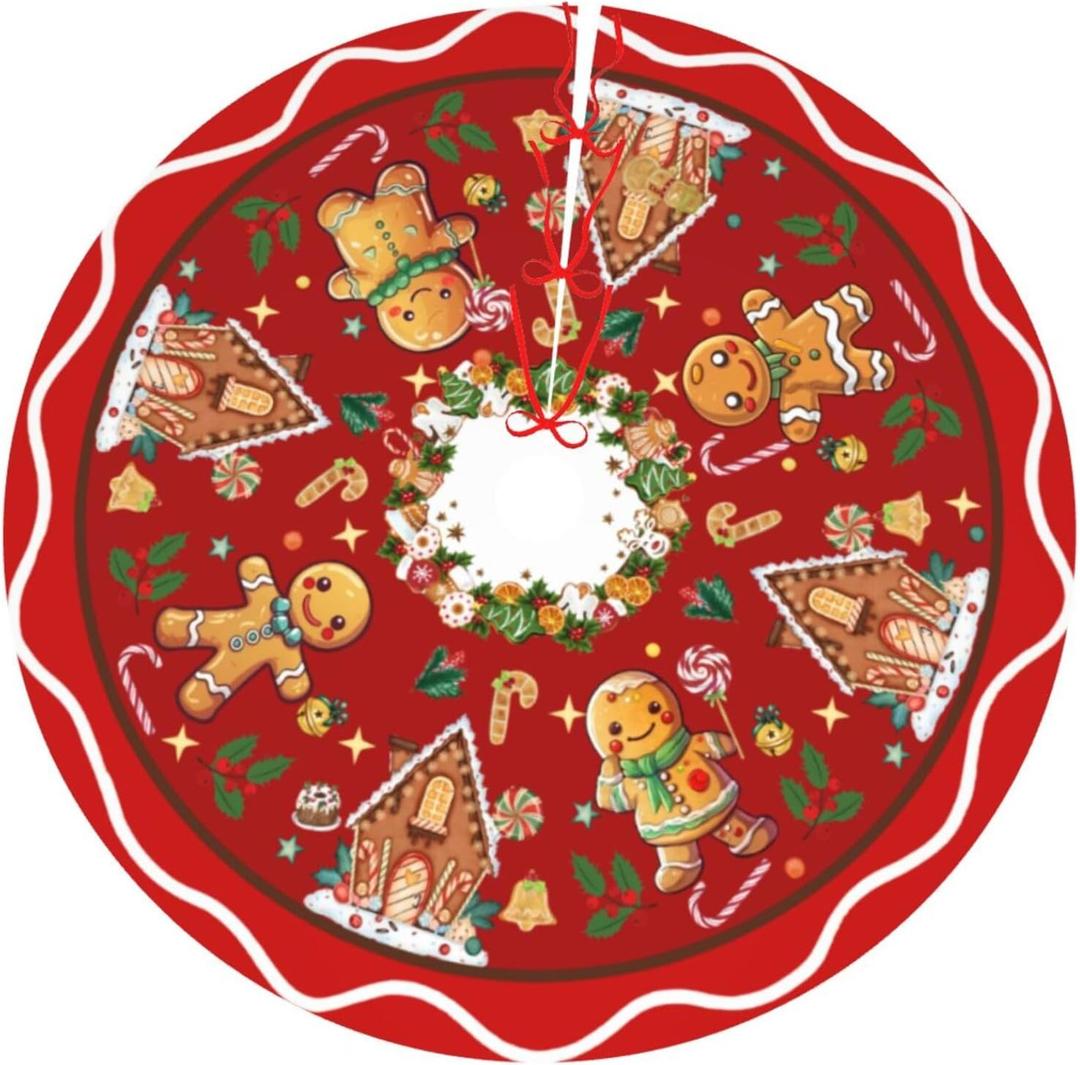 Gingerbread Man Candy Christmas Tree Skirt Xmas Tree Mat Christmas Tree Ornaments Decorations Holiday Party Indoor Outdoor 48" (3)