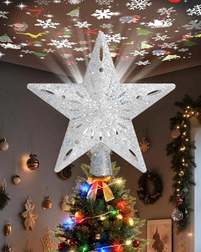 Winpull Christmas Tree Topper Star Lighted with 32.8ft Breathing Flickering Light Cord & 6 LED Projection Modes, Silver Christmas Star Topper for Indoor Xmas Holiday Tree Decoration