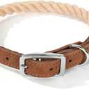 Mile High Life Rope Dog Collar | Durable Braided Cotton Rope Collars | Genuine Leather Dog Collar w Metal Pin Buckle | Classic Puppy Collars for Large Dog (Light Brown) (Large, Pack of 1)