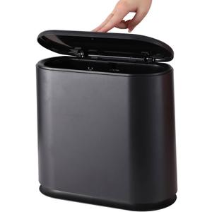 Black Slim Bathroom Trash Can with Press Top Lid,12 Liter Small Thin Garbage Can,3.17 Gallon Narrow Dog Proof Plastic Waste Basket and Covered Wastebasket for Room,Bedroom,Kitchen,Toilet,Office,Dorm