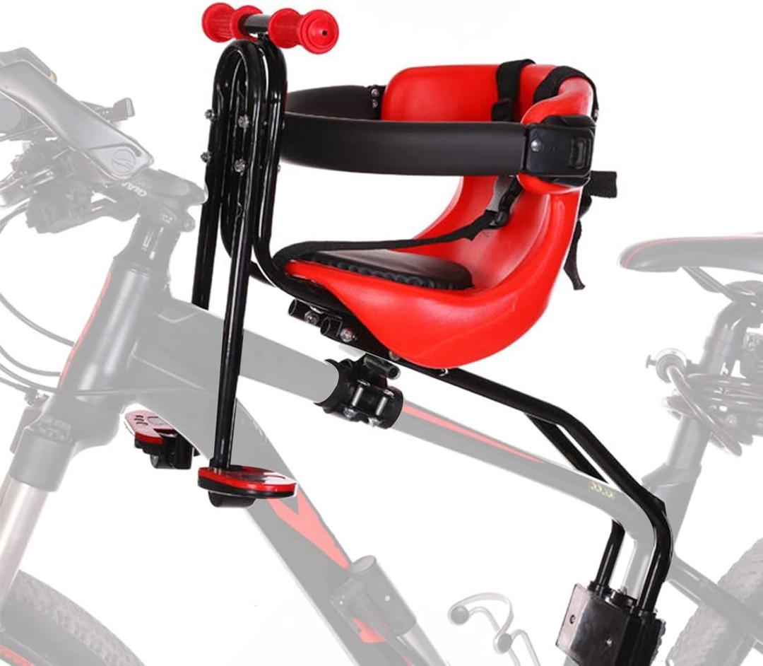 Kids Bike Seat, Baby Bicycle Seat Bearing 50kg Front Mounted Child Bike Seat with Handrail and Seatbelts for Children Aged 8 Months to 4 Years, Adjustable Kids Seat for Adult Bike, Red