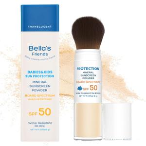 Bellas Friends SPF 50 Brush-On Mineral Powder Sunscreen, Broad Spectrum Protection for All Skin Types, Translucent, Safe on Scalp, Reef-Friendly, Waterproof, Travel Size, Beach Essentials