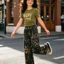 AMAWMW Girls Clothes Summer Outfits Short Sleeve Letter Print Ruched Tops and Cargo Pants Set Kids Clothing Army Green 7-8Y (Green)